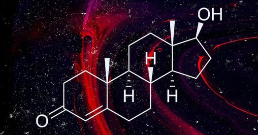 The structure of testosterone on a red and black background.